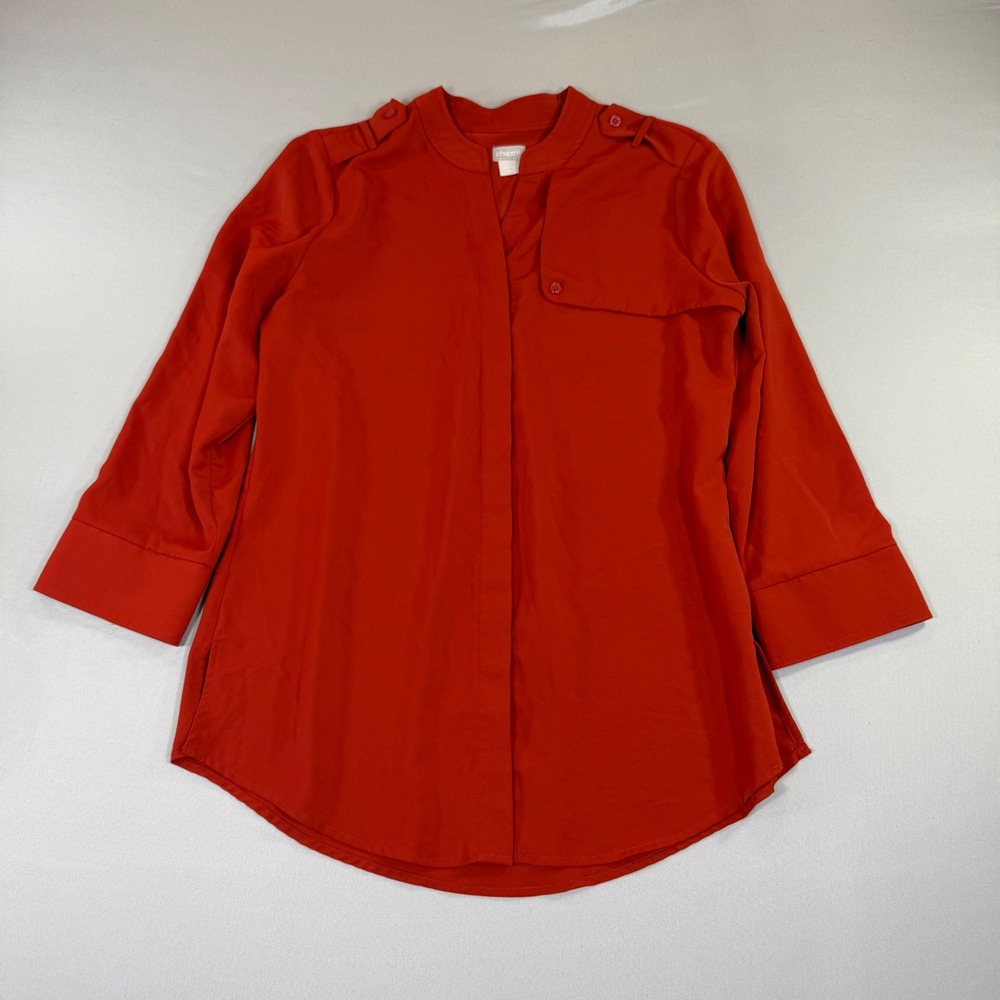 Chicos Burnt Orange Top Size 0 Epaulet Pocket Quiet Luxury Fall Classic